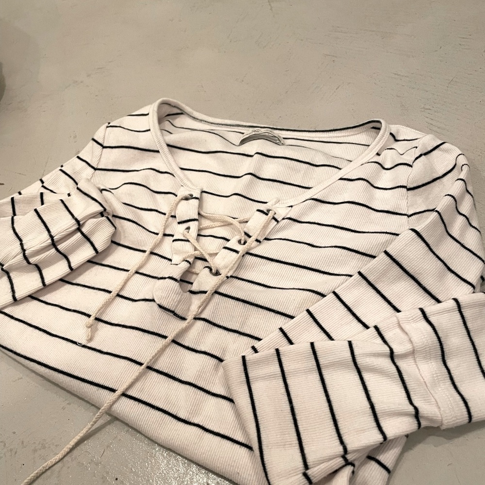 Abercrombie Lace Up Striped Ribbed Tee